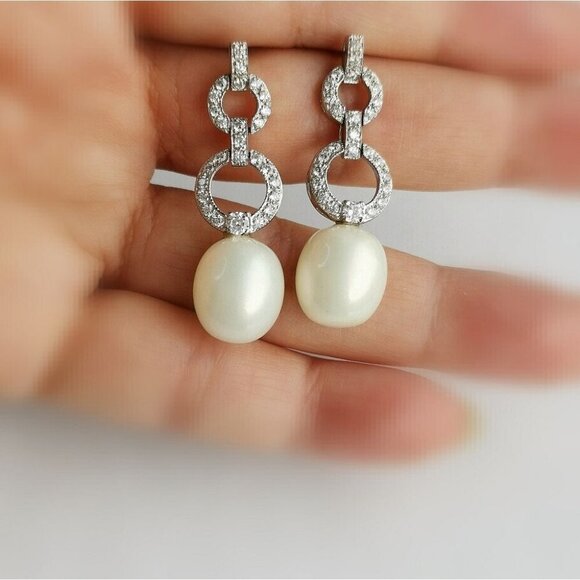 White Sapphire South Sea Pearl drop earrings in 14k white gold 🆕 - Picture 6 of 8